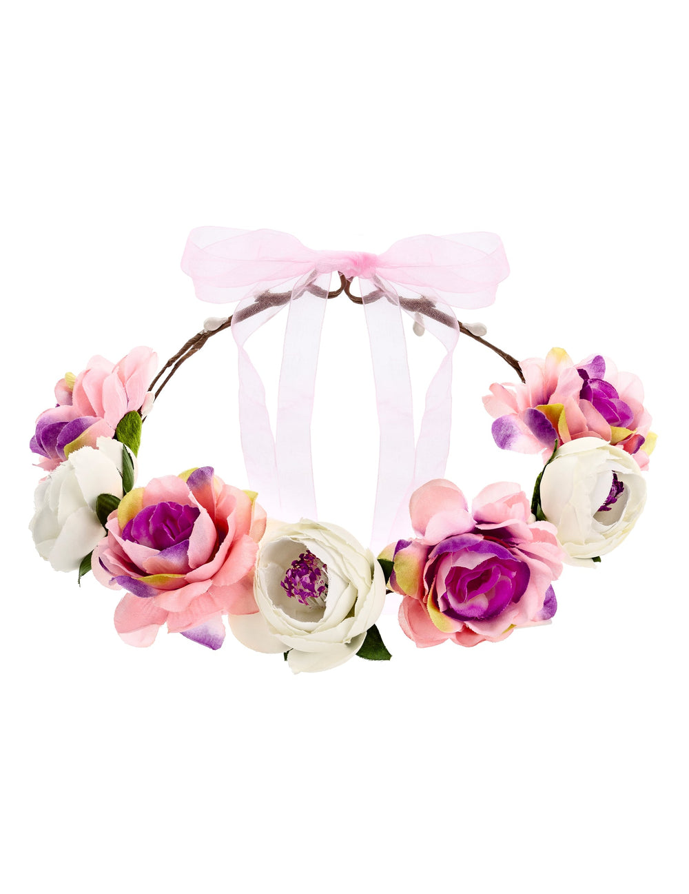 Couronne de fleurs pour femme rose blanche et violette avec ruban rose