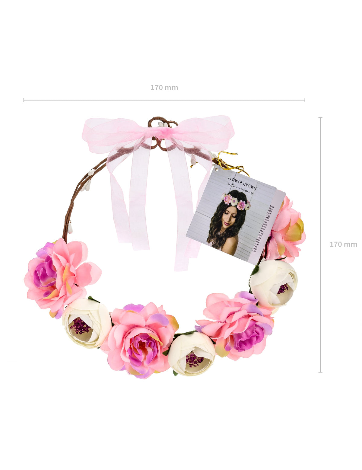 Vue d'ensemble avec dimensions de la couronne de fleurs pour femme