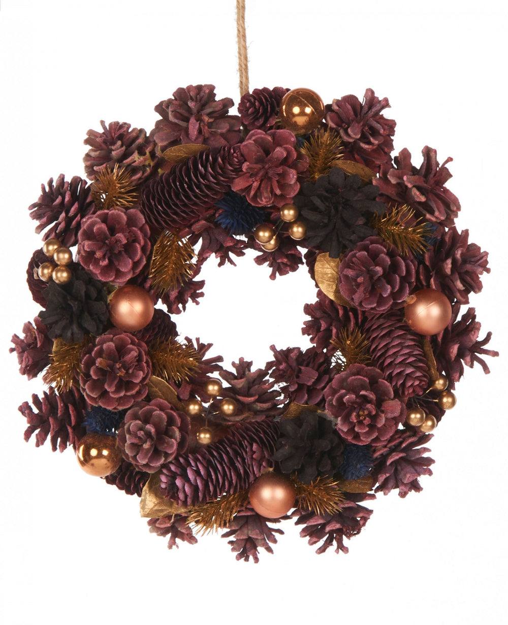 Couronne de Noël féerique pour décoration bordeaux avec boules dorées