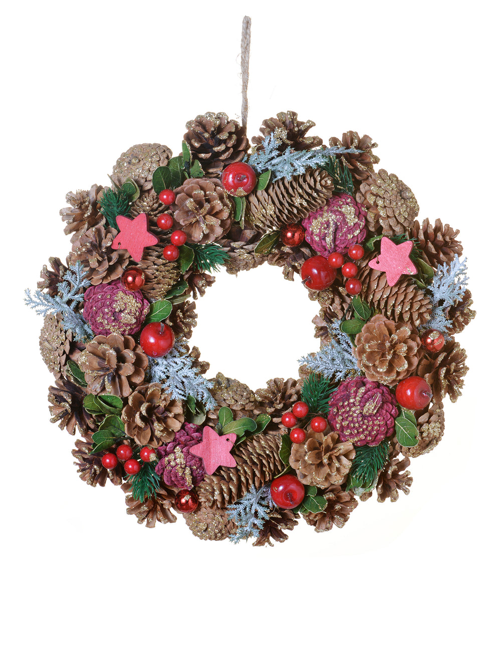 Couronne de Noël nature traditionnelle marron et rouge aux pommes de pin et étoiles
