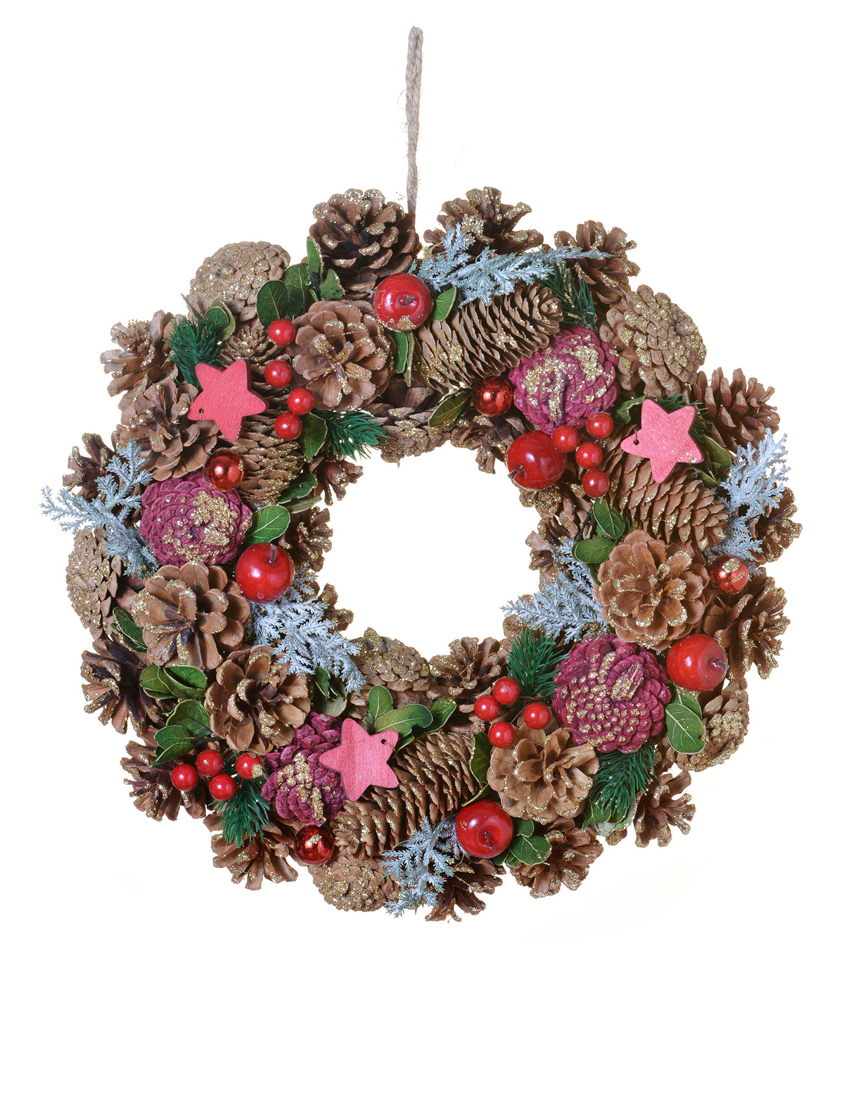Couronne de Noël nature traditionnelle marron et rouge aux pommes de pin et étoiles