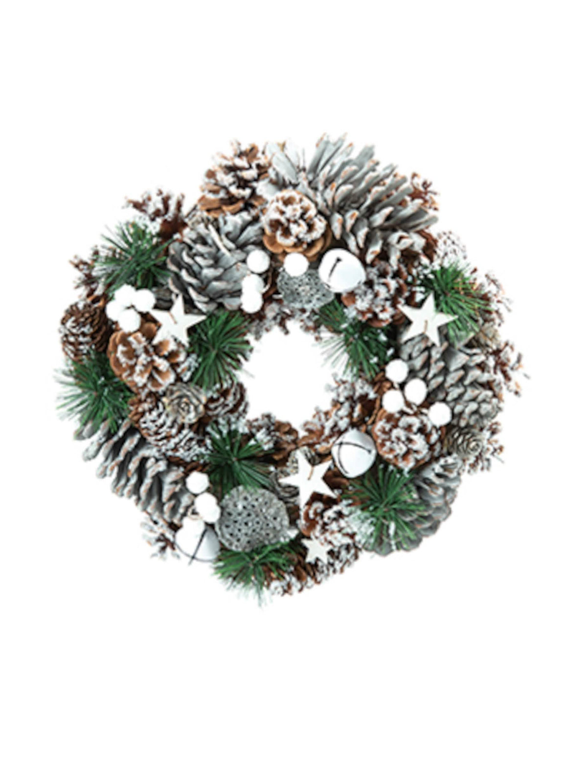 Coroa de natal natural com pinhas cobertas de neve branco e verde com estrelas e guizos