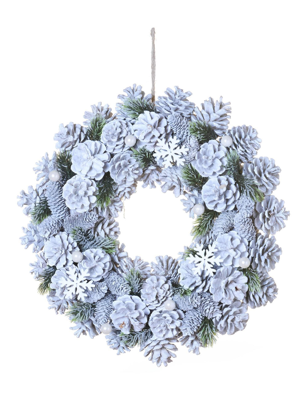 Coroa de natal pinhas e pinheiro nevado para a casa branco gelado com flocos e pérolas
