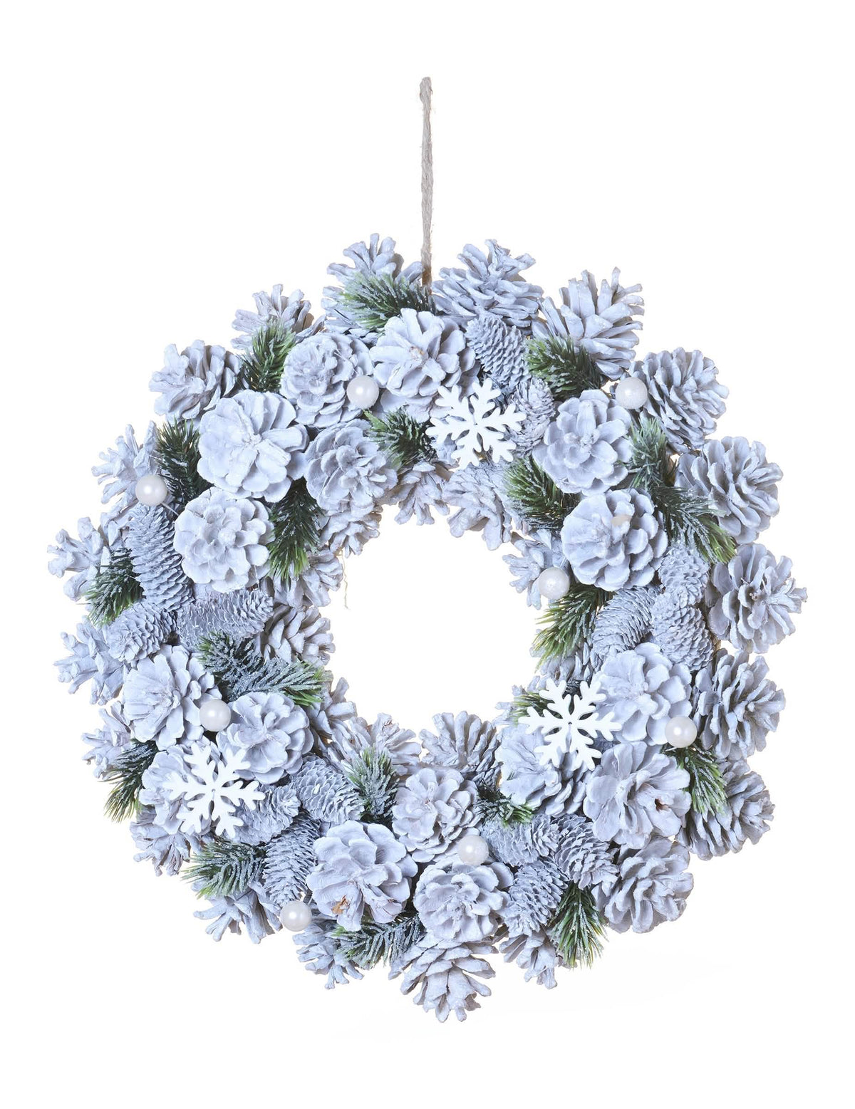 Coroa de natal pinhas e pinheiro nevado para a casa branco gelado com flocos e pérolas