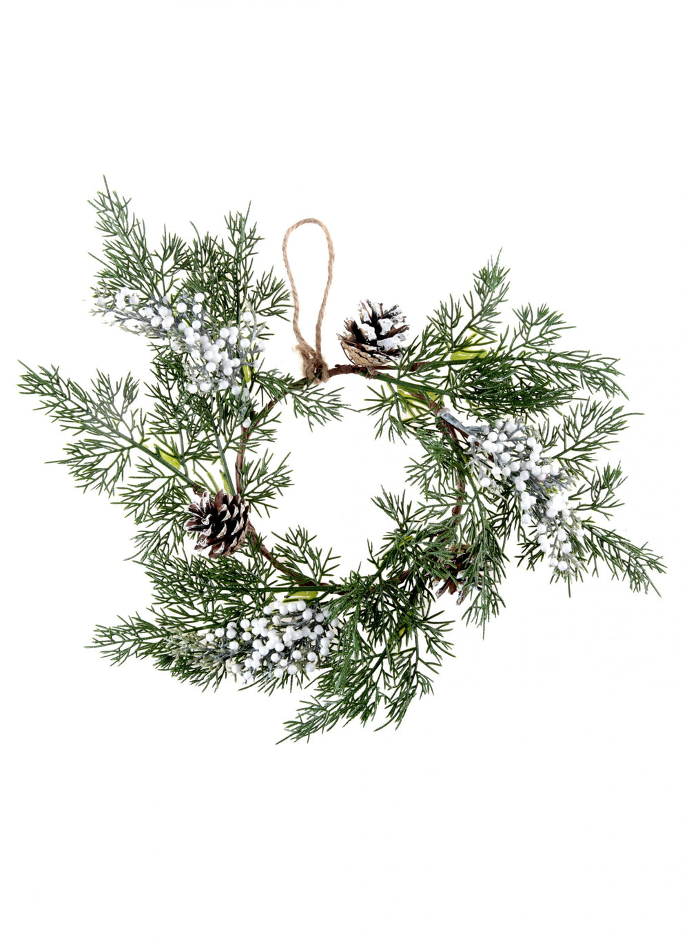 Couronne de pommes de pin et sapin pour décoration à suspendre verte avec baies blanches