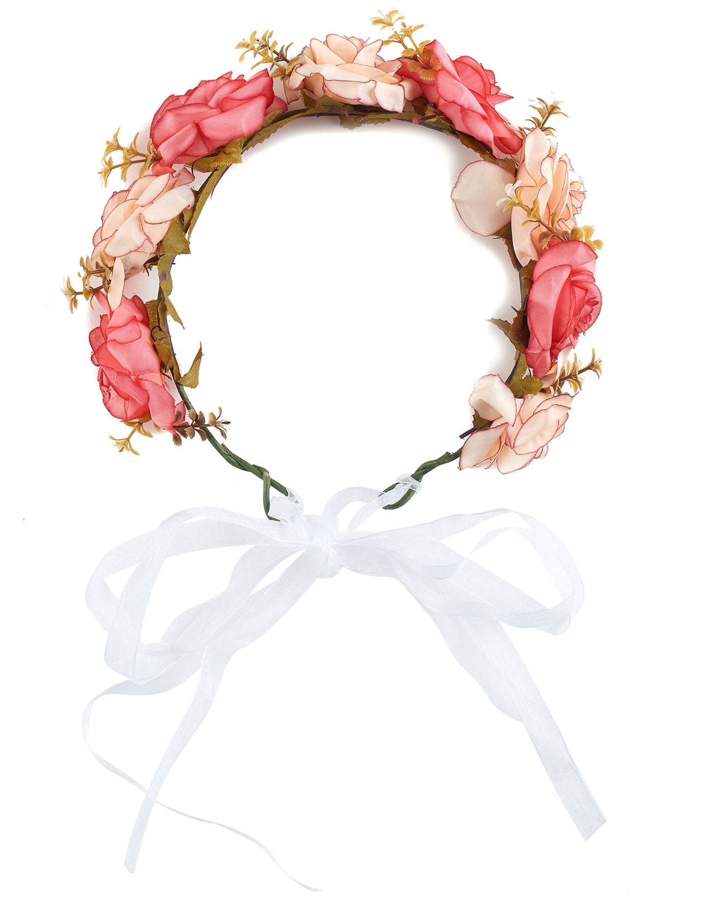 Détail du ruban blanc de la couronne de roses et fleurs blanches pour adulte