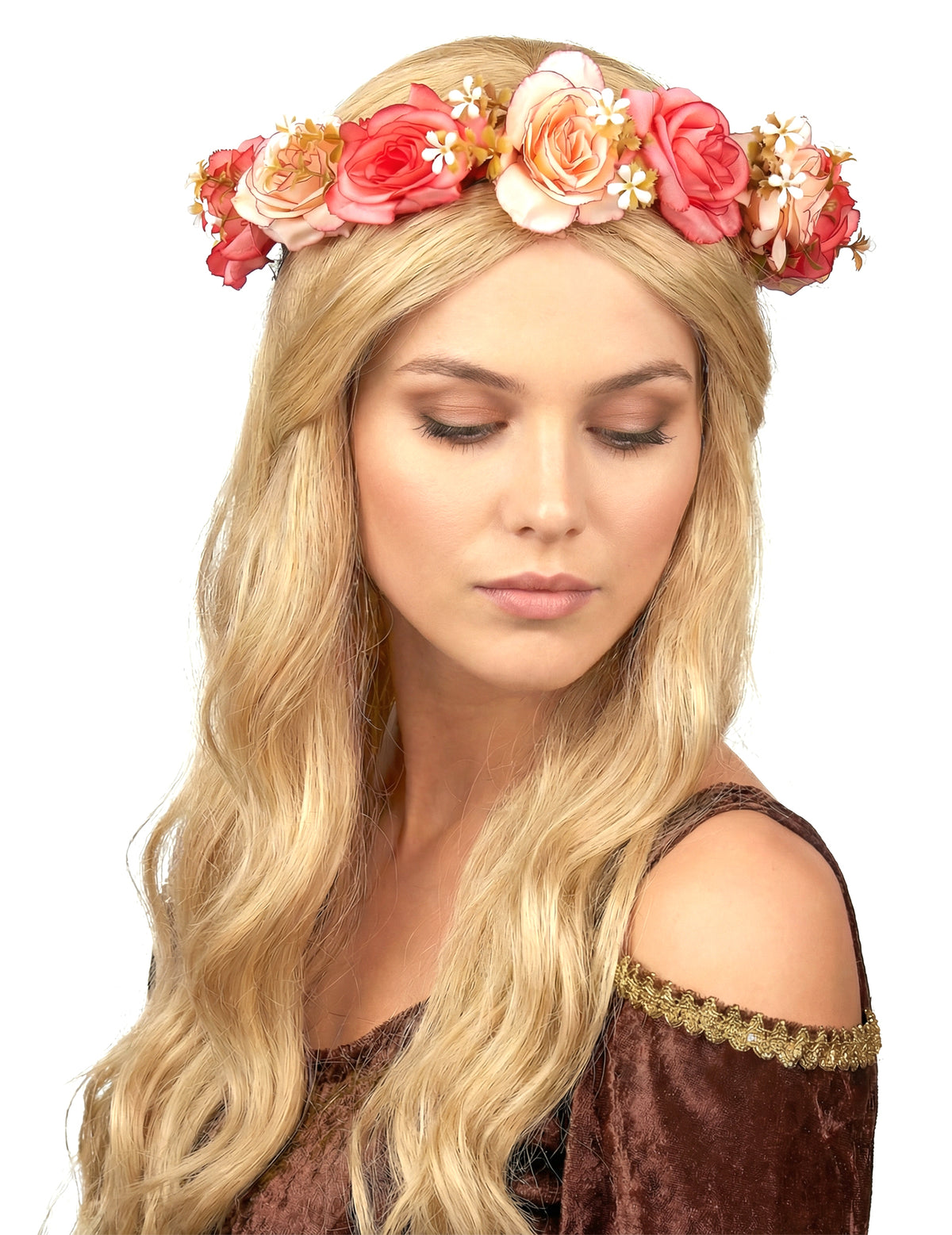 Couronne de roses et fleurs blanches pour adulte rose et pêche