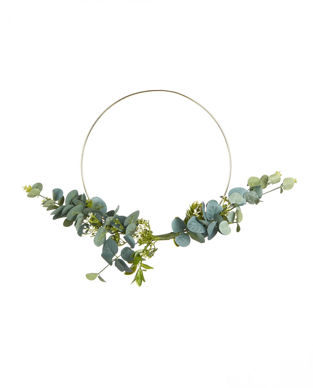 Coroa de metal de eucalipto e flores brancas para decoração circular dourado