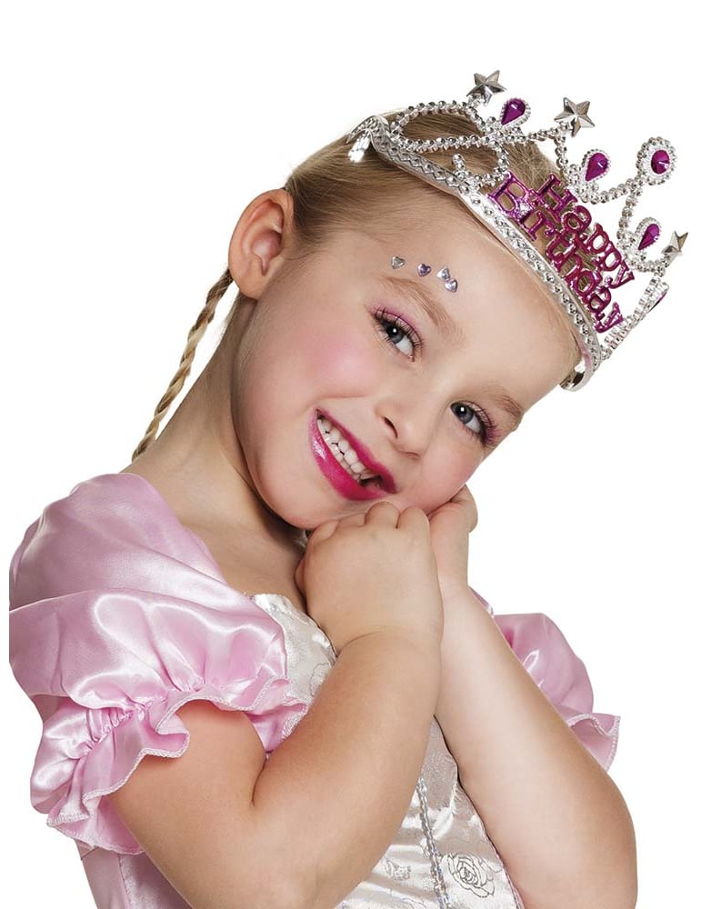 Couronne Happy Birthday pour fille argentée avec strass roses