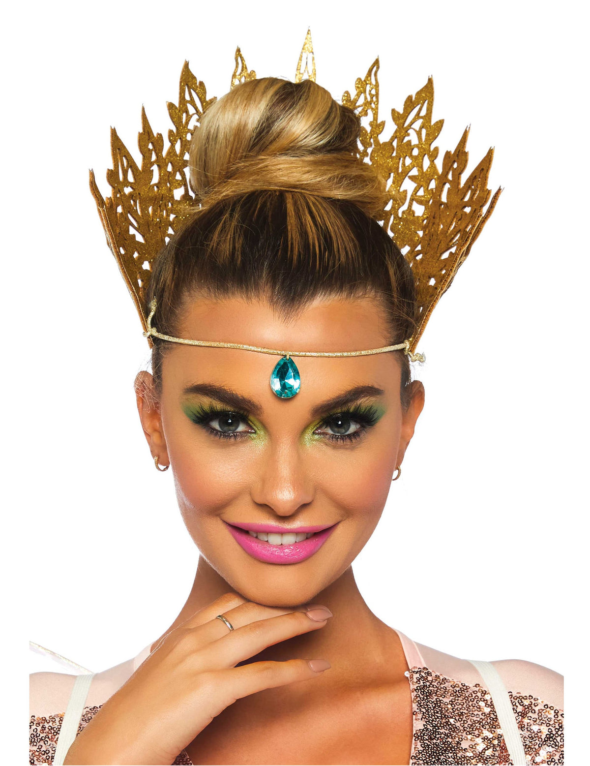 Couronne reine dorée sexy pour femme avec bijou turquoise