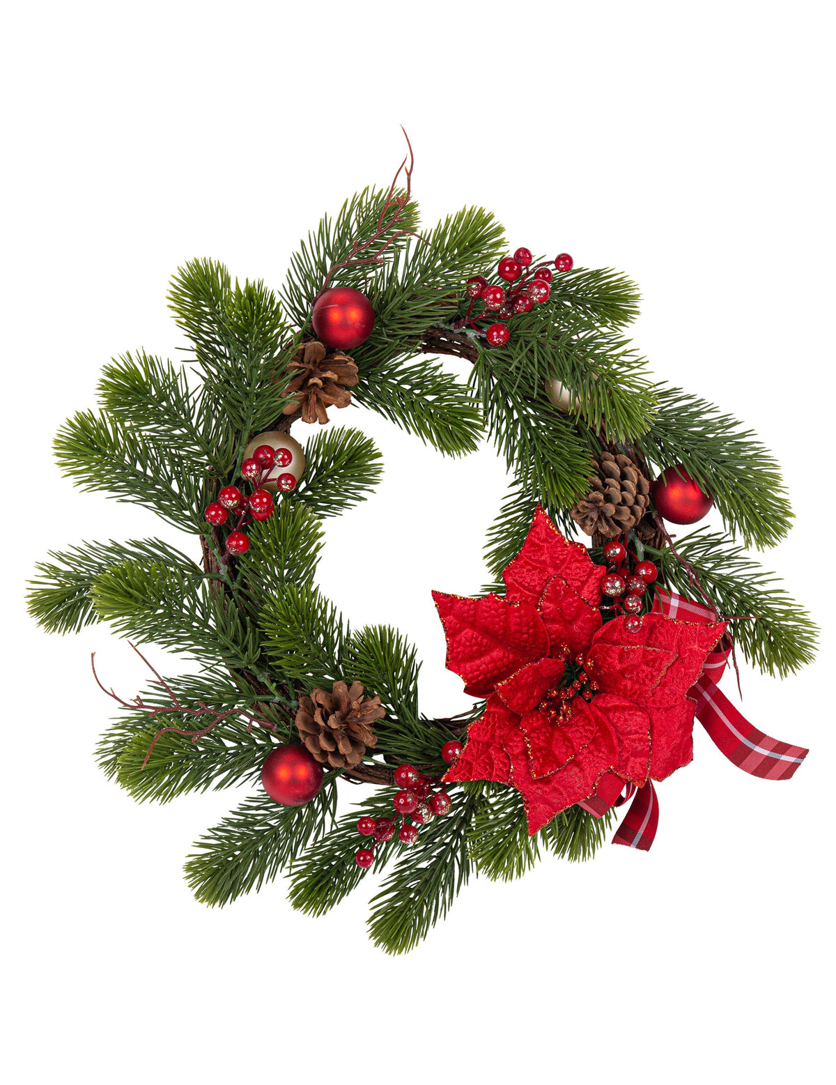 Couronne traditionnelle sapin et poinsettia pour décoration de Noël verte et rouge