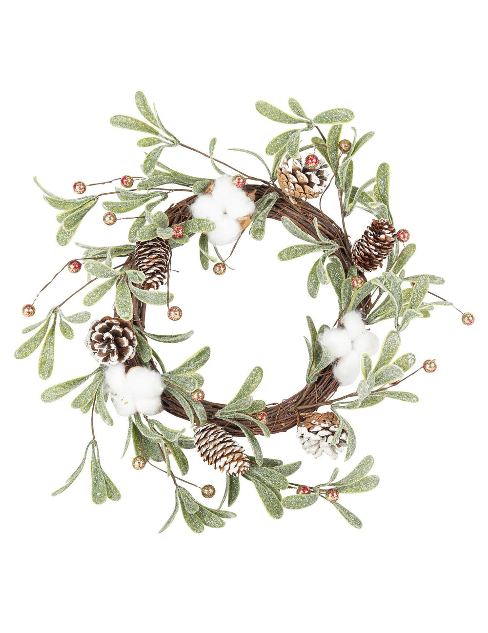 Coroa vegetal com flores de algodão e pinhas para decoração verde e branca gelada