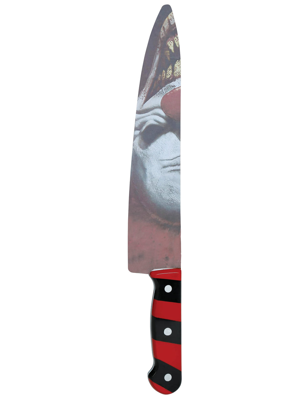 Couteau de clown tueur pour adulte avec imprimé visage et manche rayé rouge et noir