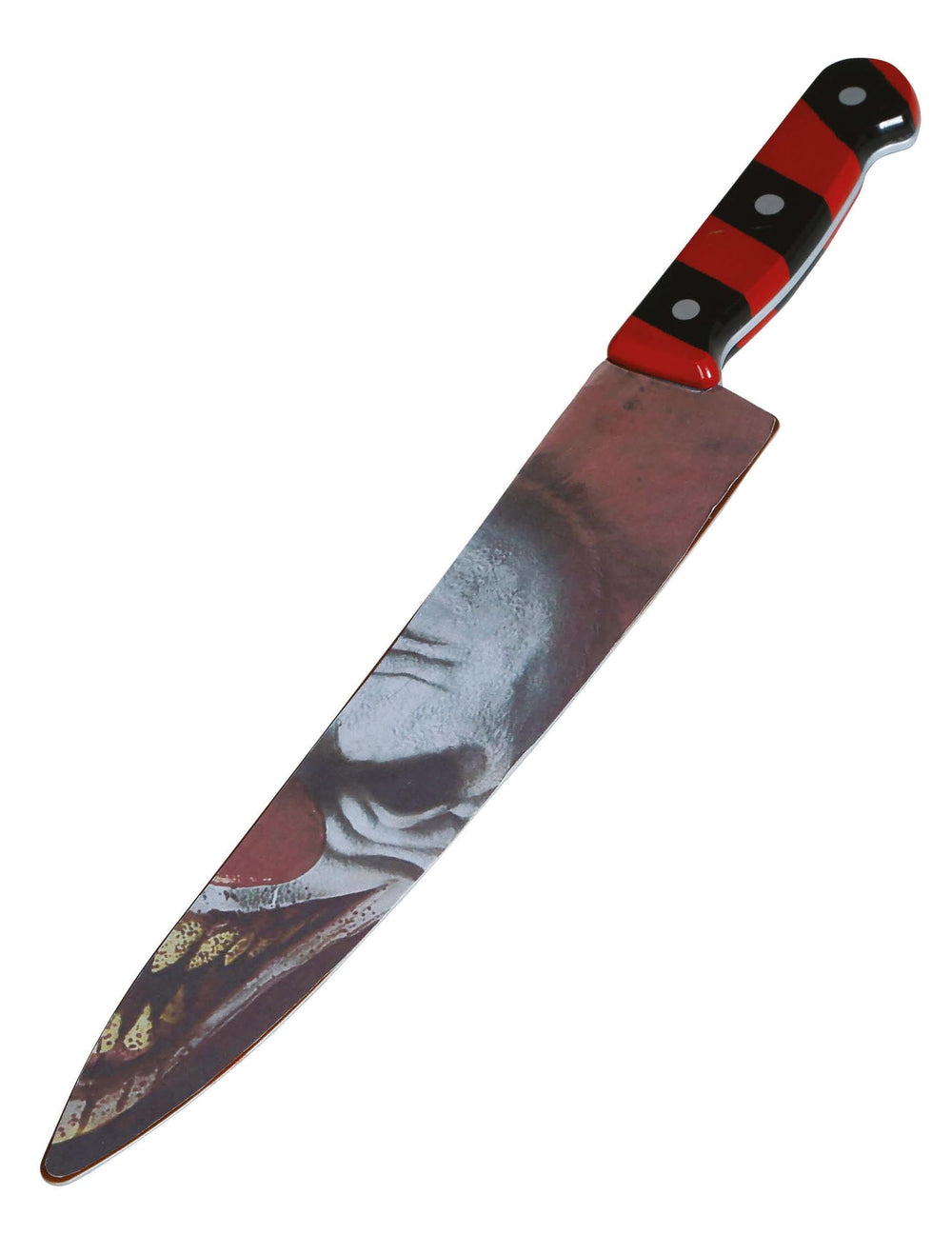 Détail de l'imprimé visage sur la lame du couteau de clown tueur