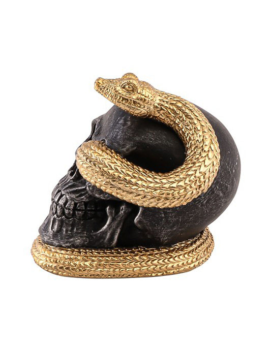 Crânio decorativo em resina com serpente dourada 14,5 x 14 x 13,5 cm