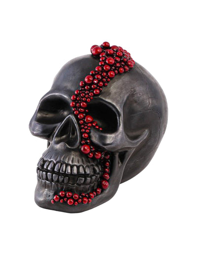Crânio decorativo em resina preto com pérolas vermelho sangue 15 x 23 x 18 cm