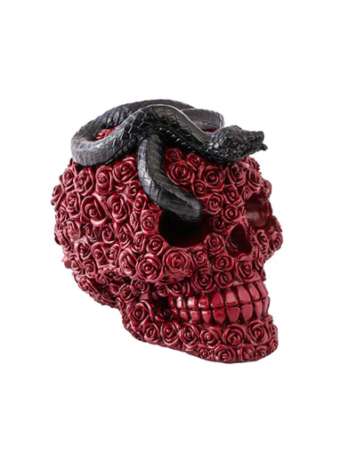 Caveira em resina com rosas vermelhas e serpente preta 10,5 x 15 x 13 cm