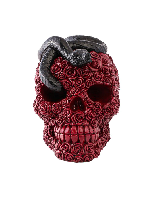 Caveira em resina com rosas vermelhas e serpente preta 10,5 x 15 x 13 cm