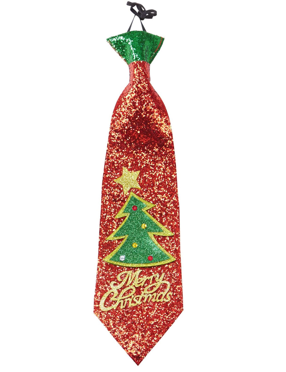 Pormenor do pinheiro e dos brilhantes da gravata Merry Christmas