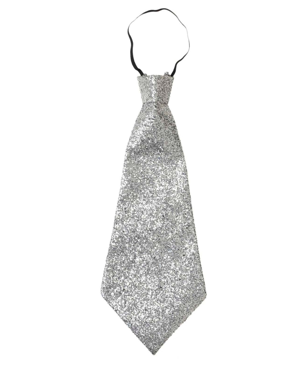 Détail de l'élastique de la cravate à paillettes pour adulte argent