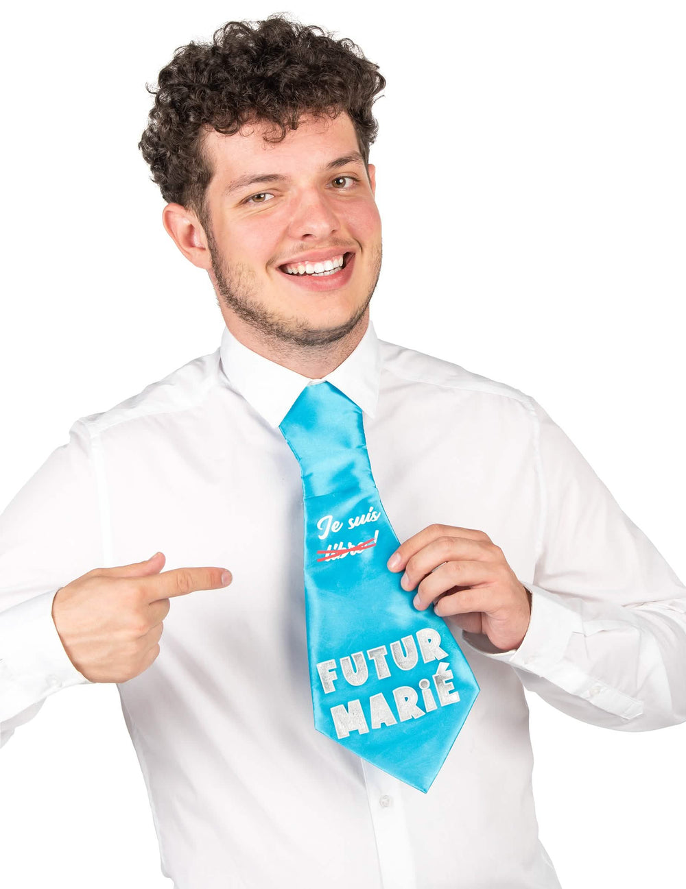 Gravata humorística de despedida de solteiro para homem azul-turquesa com texto Futur Marié