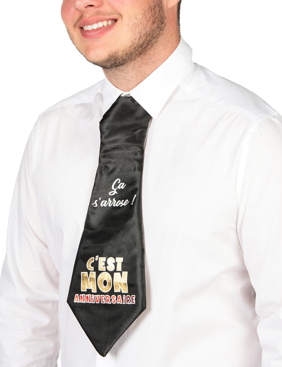 Gros plan sur le message de la cravate humoristique Joyeux Anniversaire