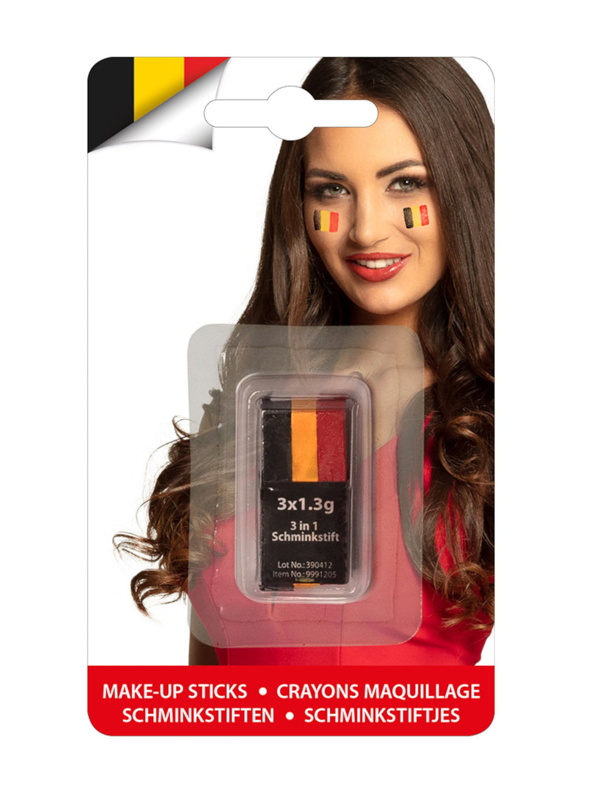 Emballage et mise en situation du crayon de maquillage supporter Belgique