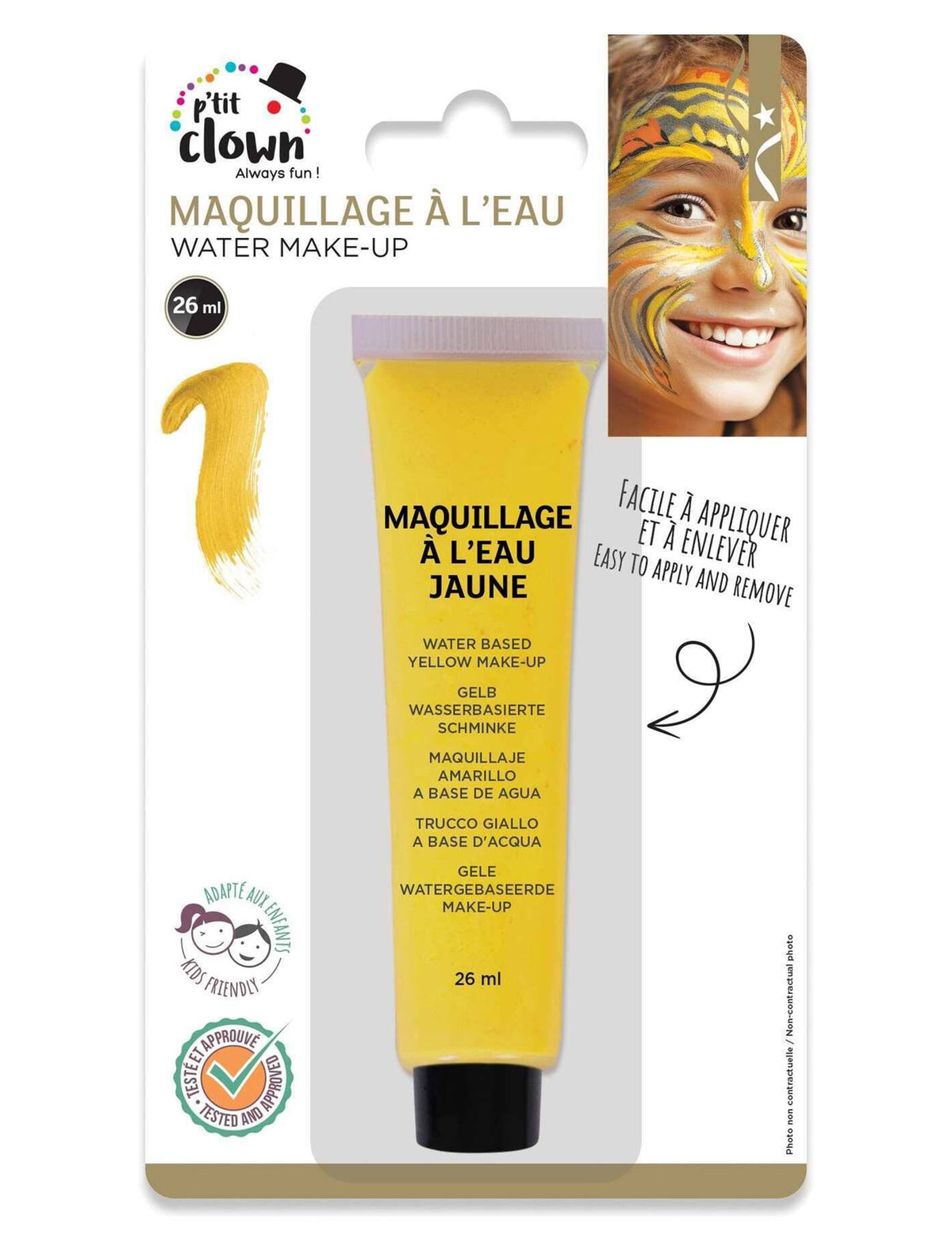 Vue du packaging de la crème de grimage maquillage à l'eau pour enfant et adulte jaune