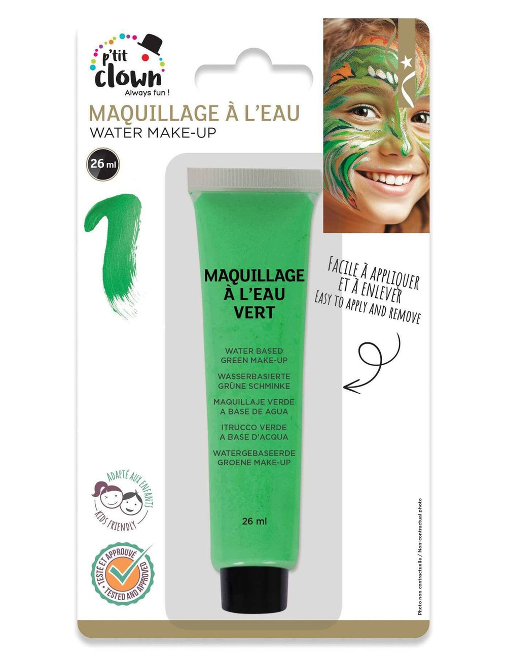 Vue du packaging de la crème de grimage maquillage à l'eau pour enfant et adulte vert