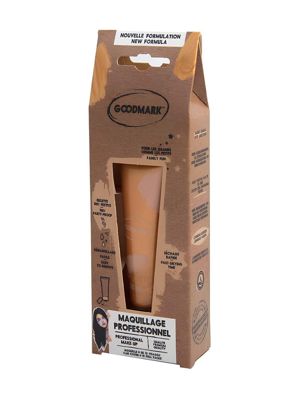 Vista de perfil da embalagem da creme de maquilhagem à base de água profissional para adulto e criança