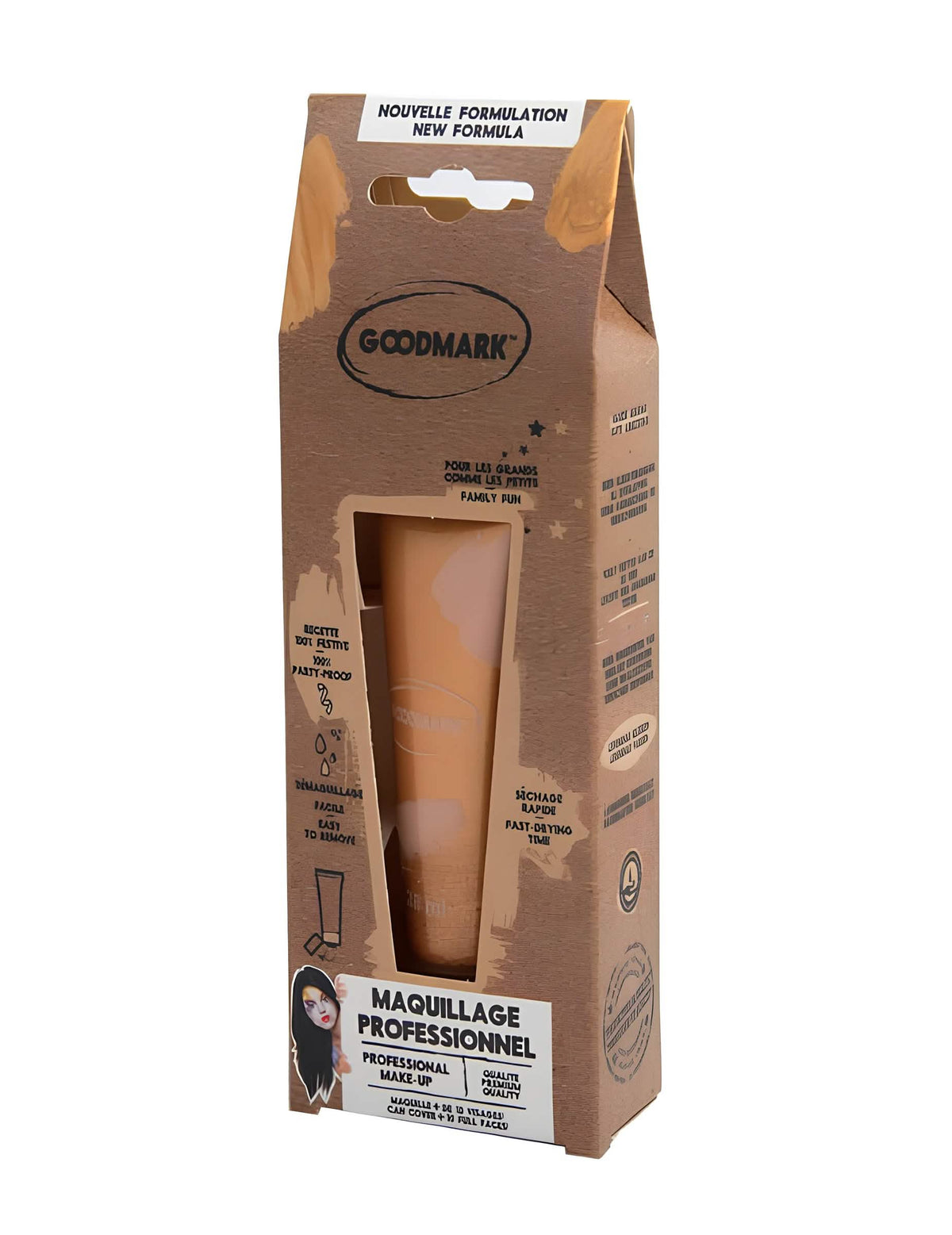 Vista de perfil da embalagem da creme de maquilhagem à base de água profissional para adulto e criança