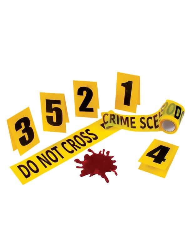 Vista geral dos acessórios das decorações de cena de crime para halloween