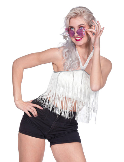 Crop top de festival com franjas branco mulher