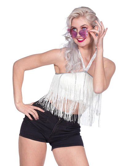 Crop top de festival com franjas branco mulher