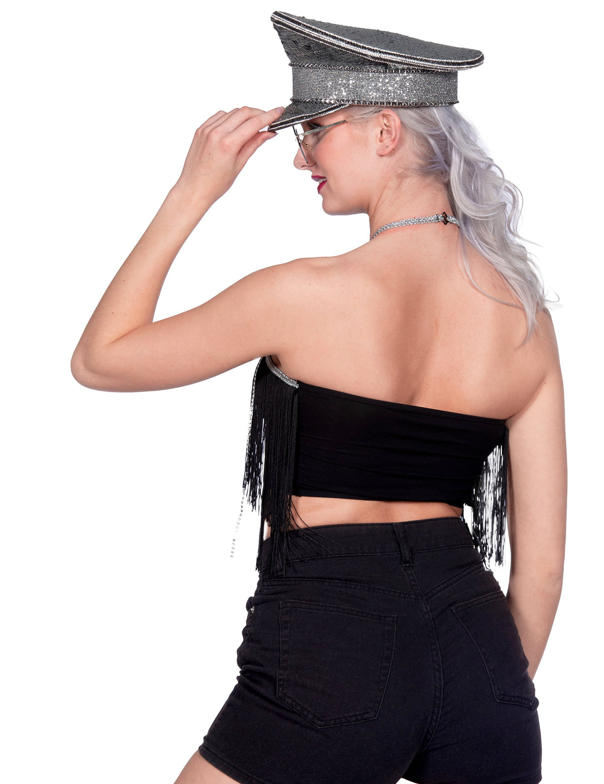 Crop-top de festival com franjas preto para mulher