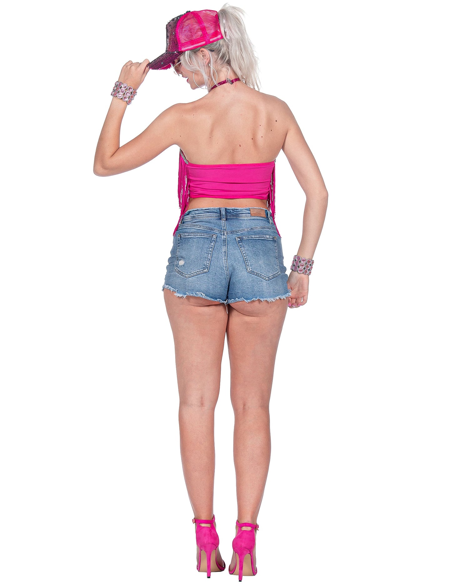 Crop-top de festival com franjas rosa para mulher