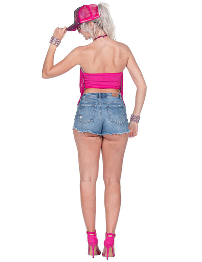 Crop-top de festival com franjas rosa para mulher