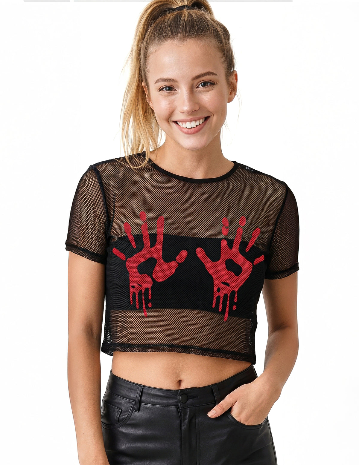 Crop top de rede preto com mãos sangrentas para adulto