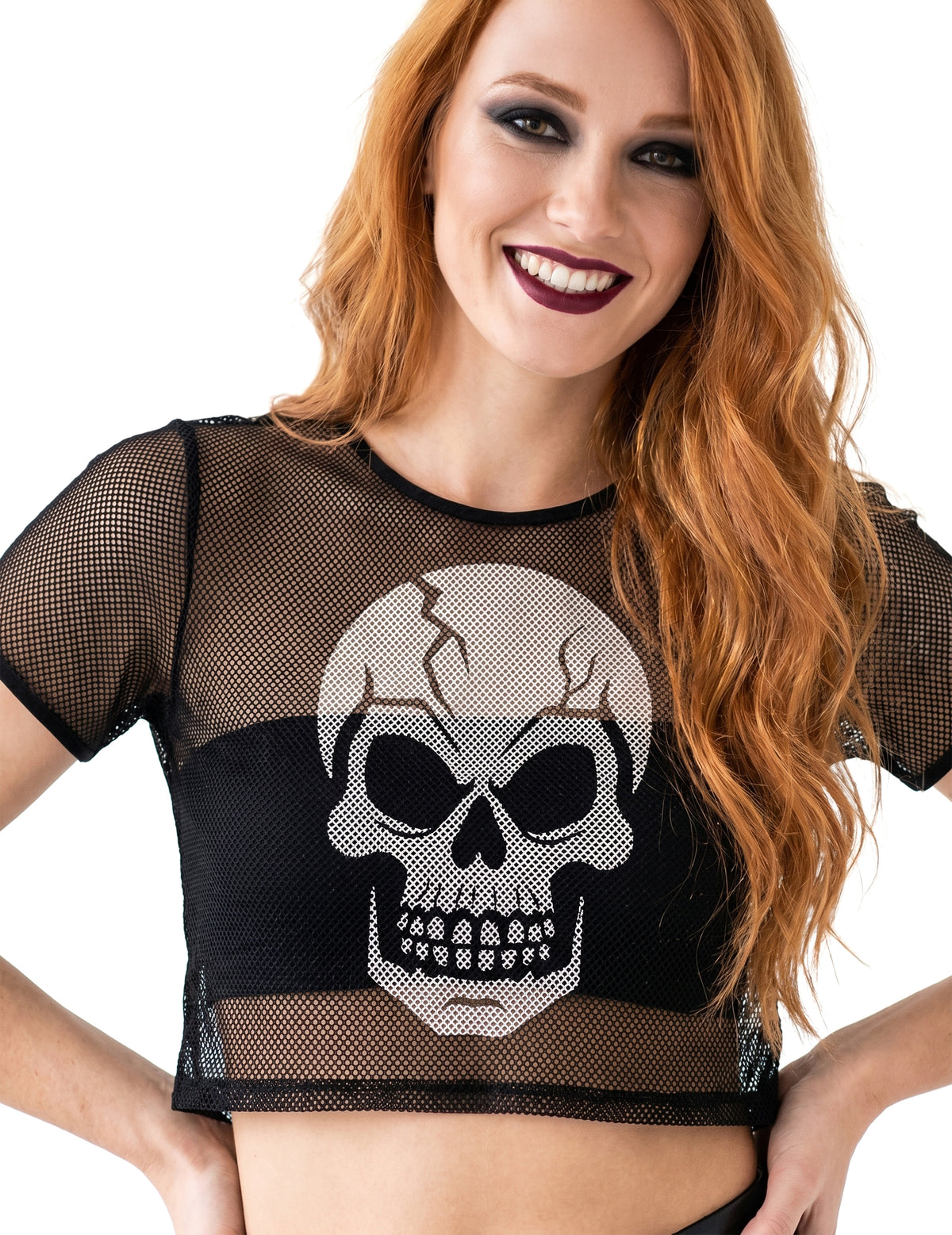 Crop top de rede preto com caveira para adulto