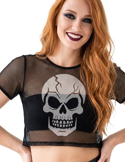 Crop top de rede preto com caveira para adulto