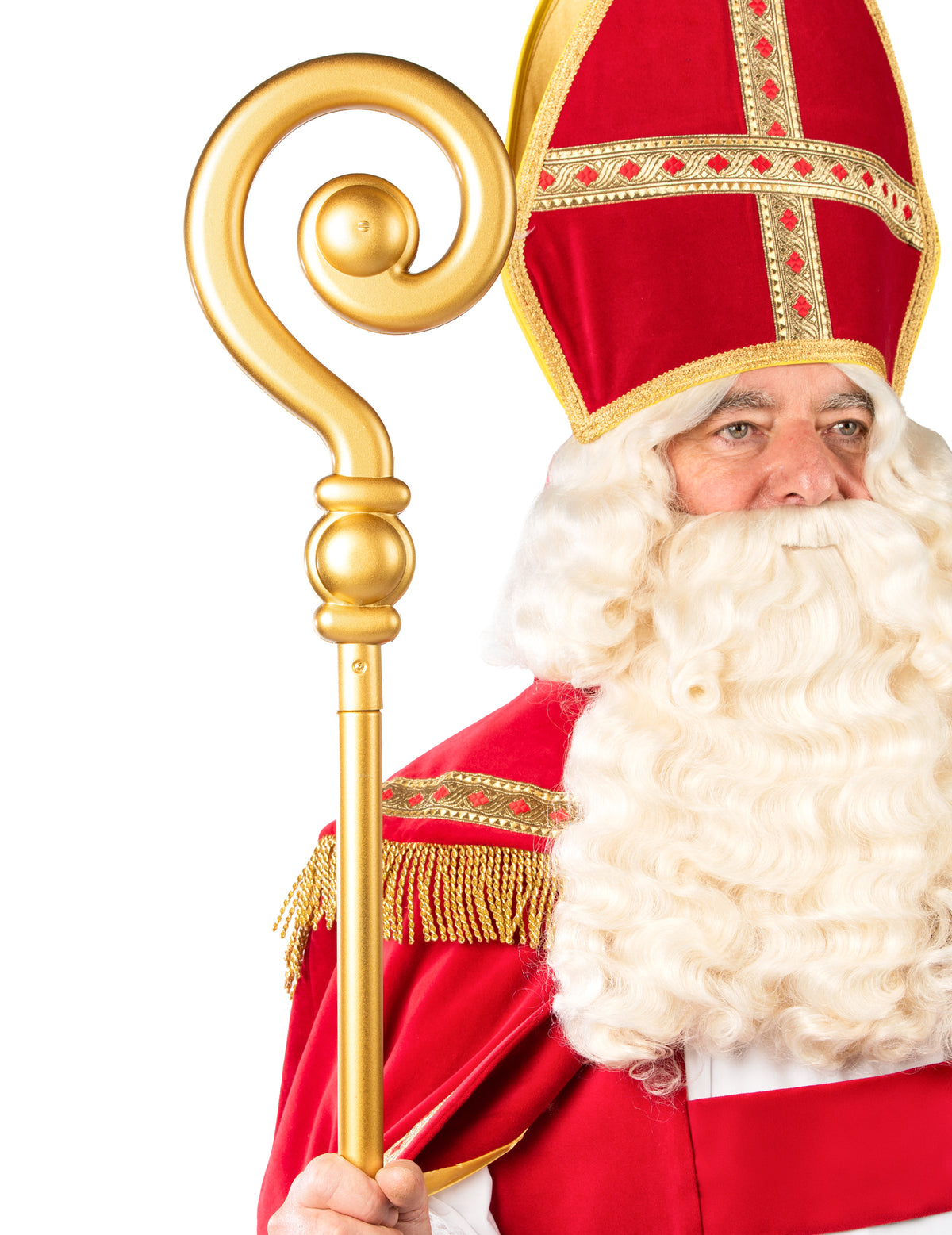Gros plan sur le haut doré de la crosse de Saint Nicolas