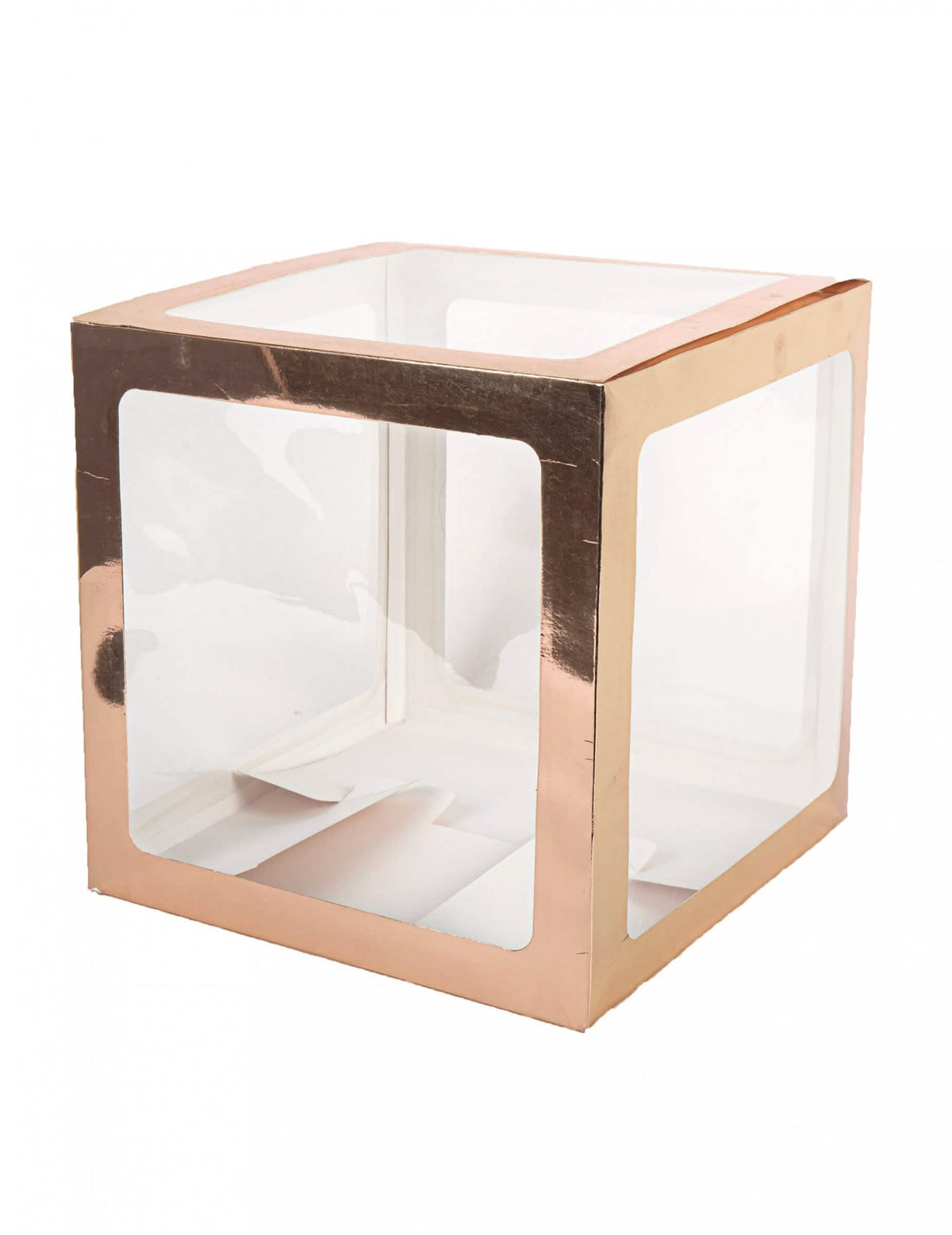 Cubo de balões transparente personalizável para decoração de festa em ouro rosa