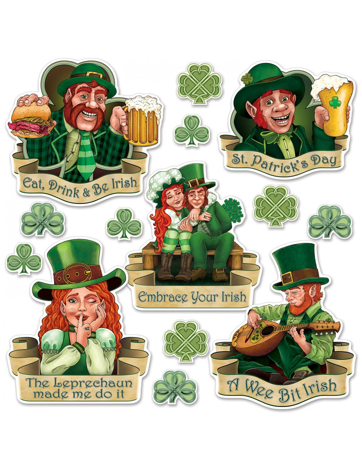 Cutouts en carton Saint Patrick pour décoration de fête vert avec illustrations de leprechauns