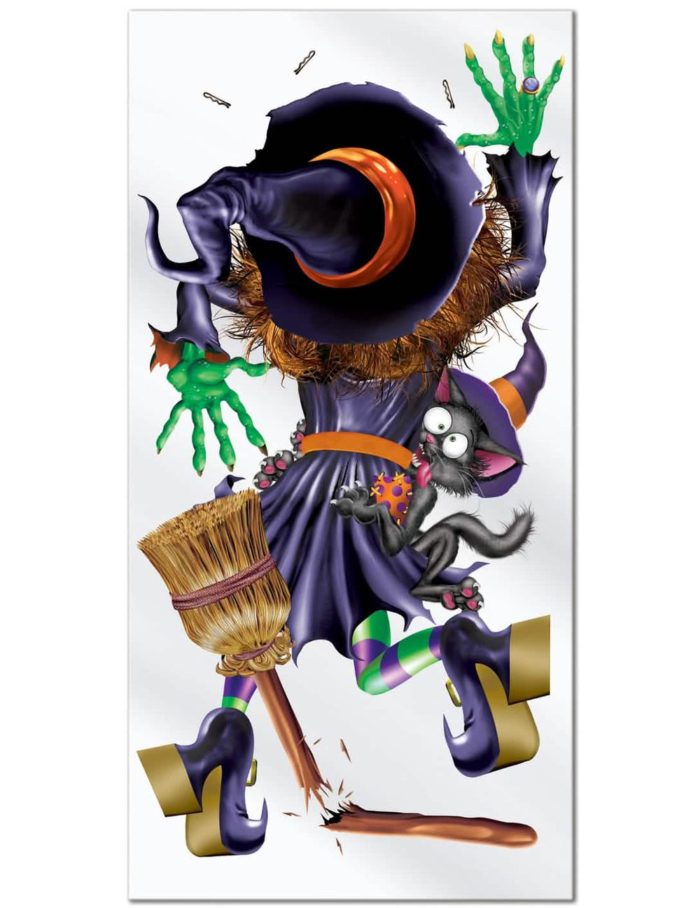 Decoração de porta Bruxa esmagada para halloween roxa com vassoura partida e gato preto