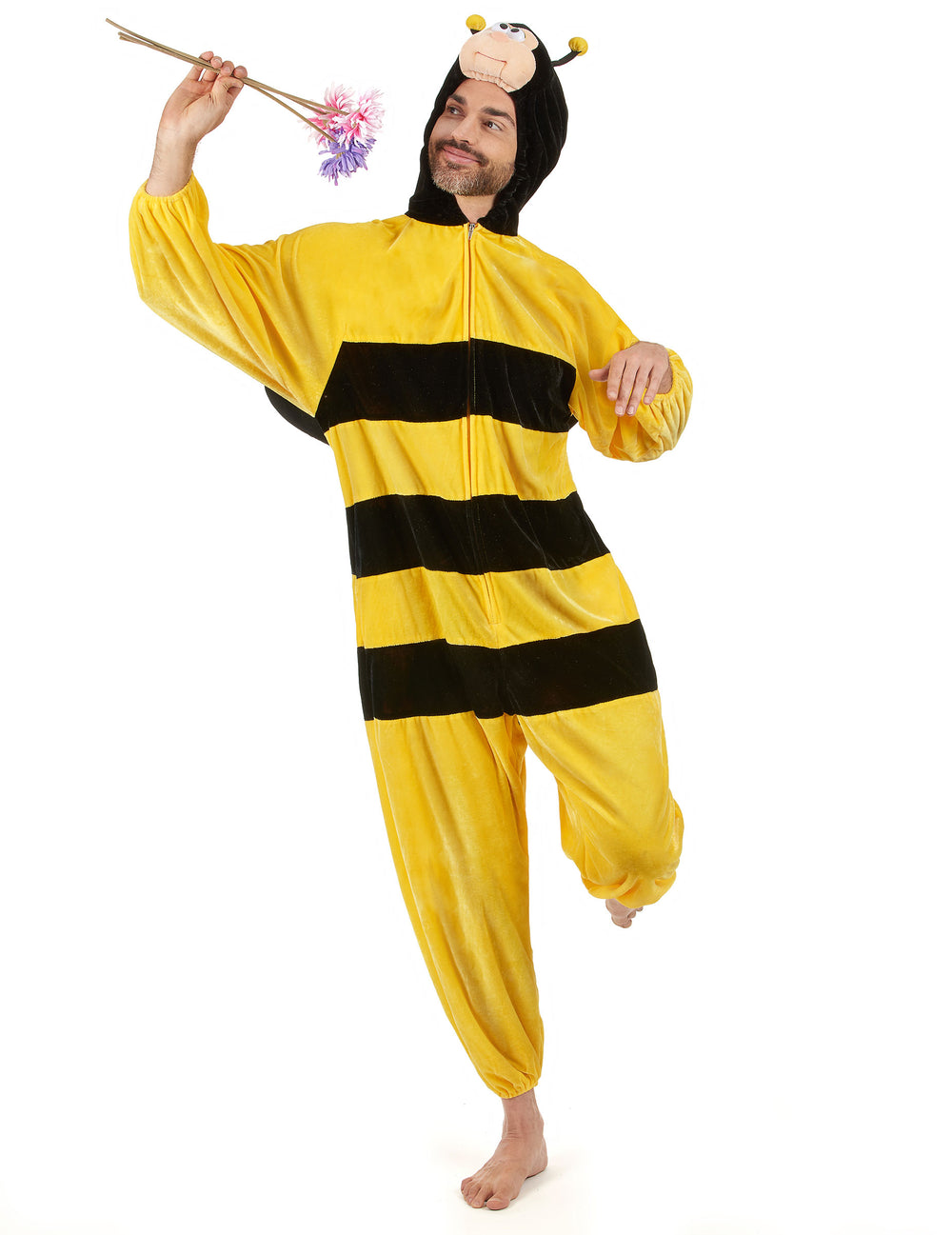 Vue de face du déguisement abeille avec ailes pour adulte