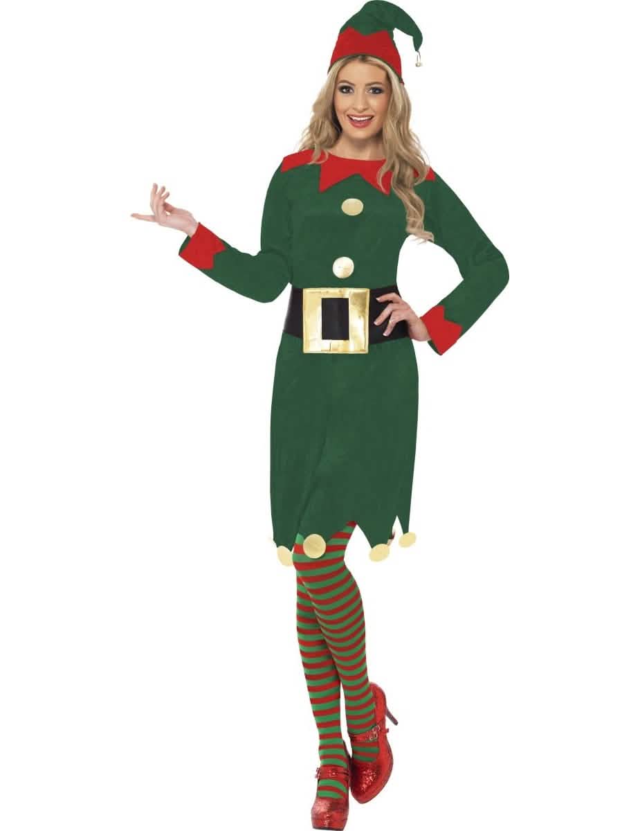 Fato de elfo para mulher verde e vermelho com gorro e collants às riscas