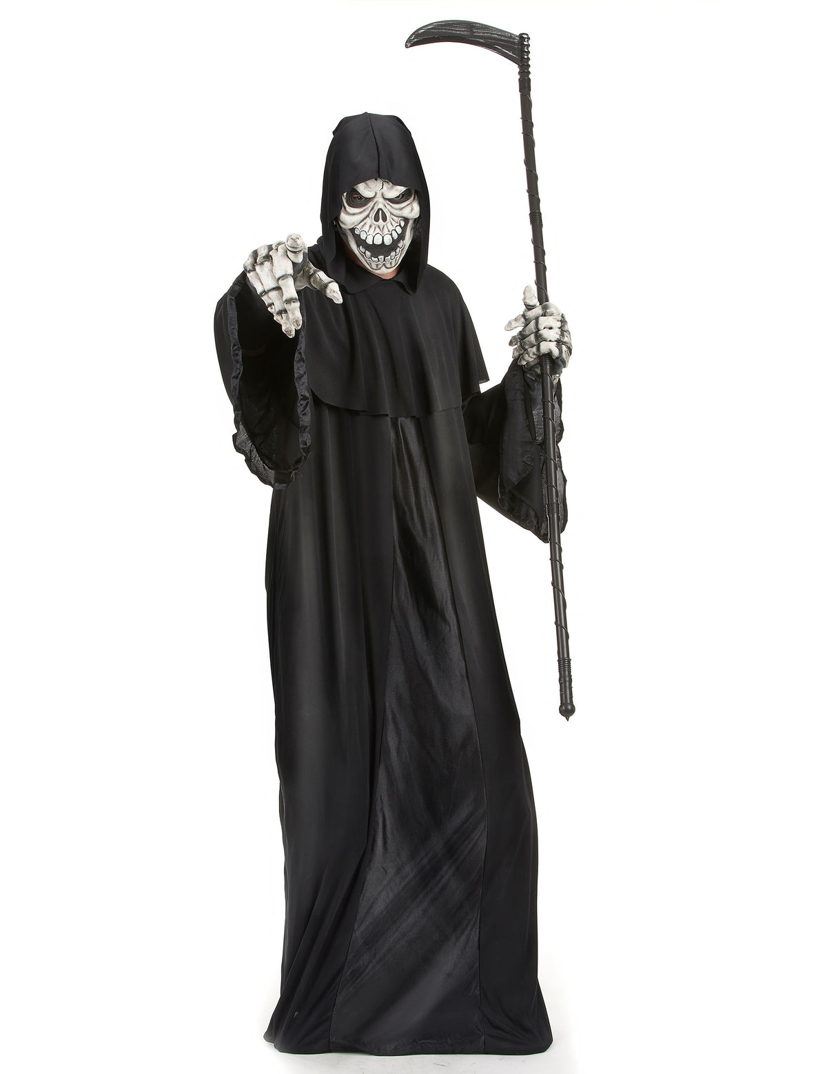 Déguisement de faucheuse pour homme noir avec masque de squelette et faux