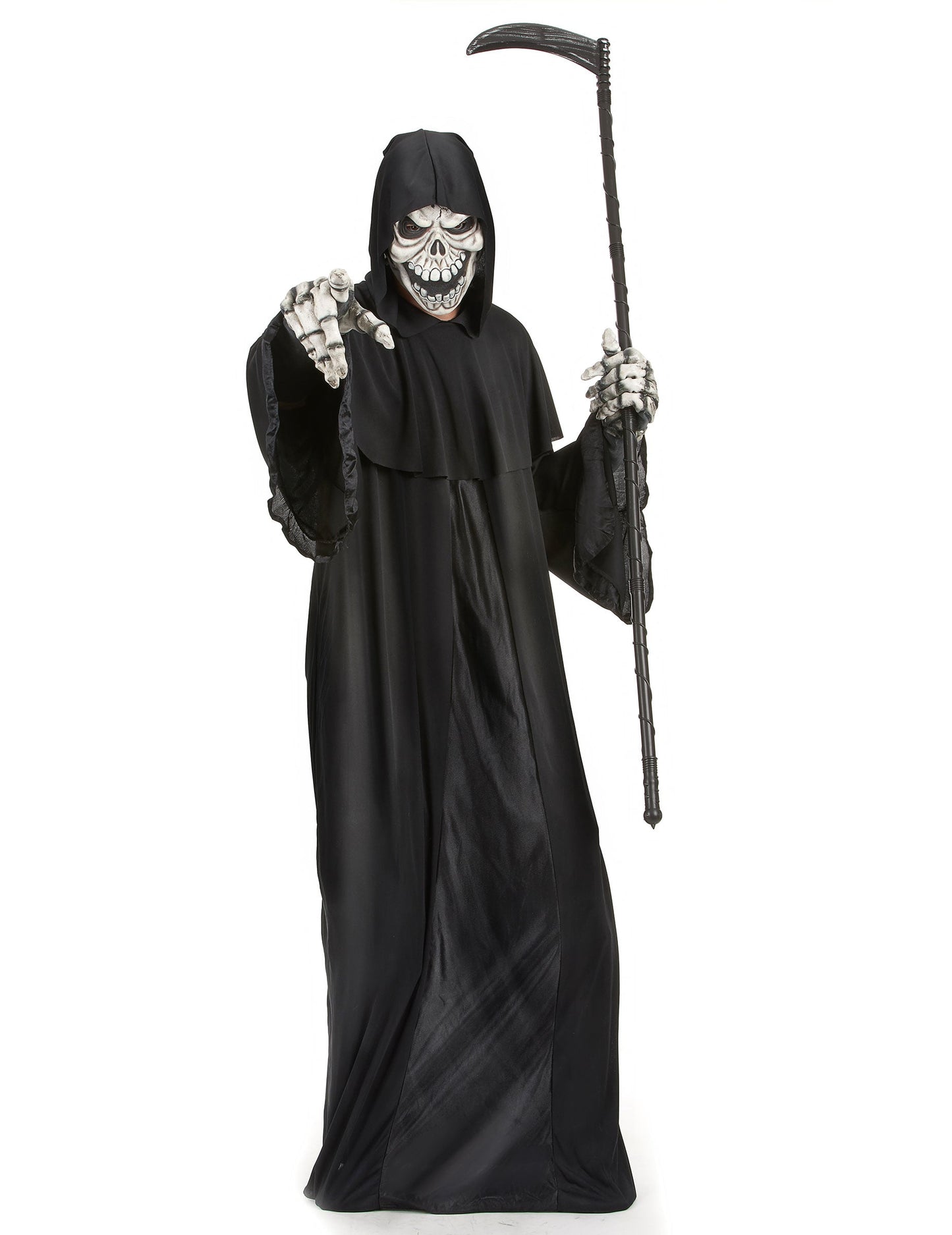 Déguisement de faucheuse pour homme noir avec masque de squelette et faux