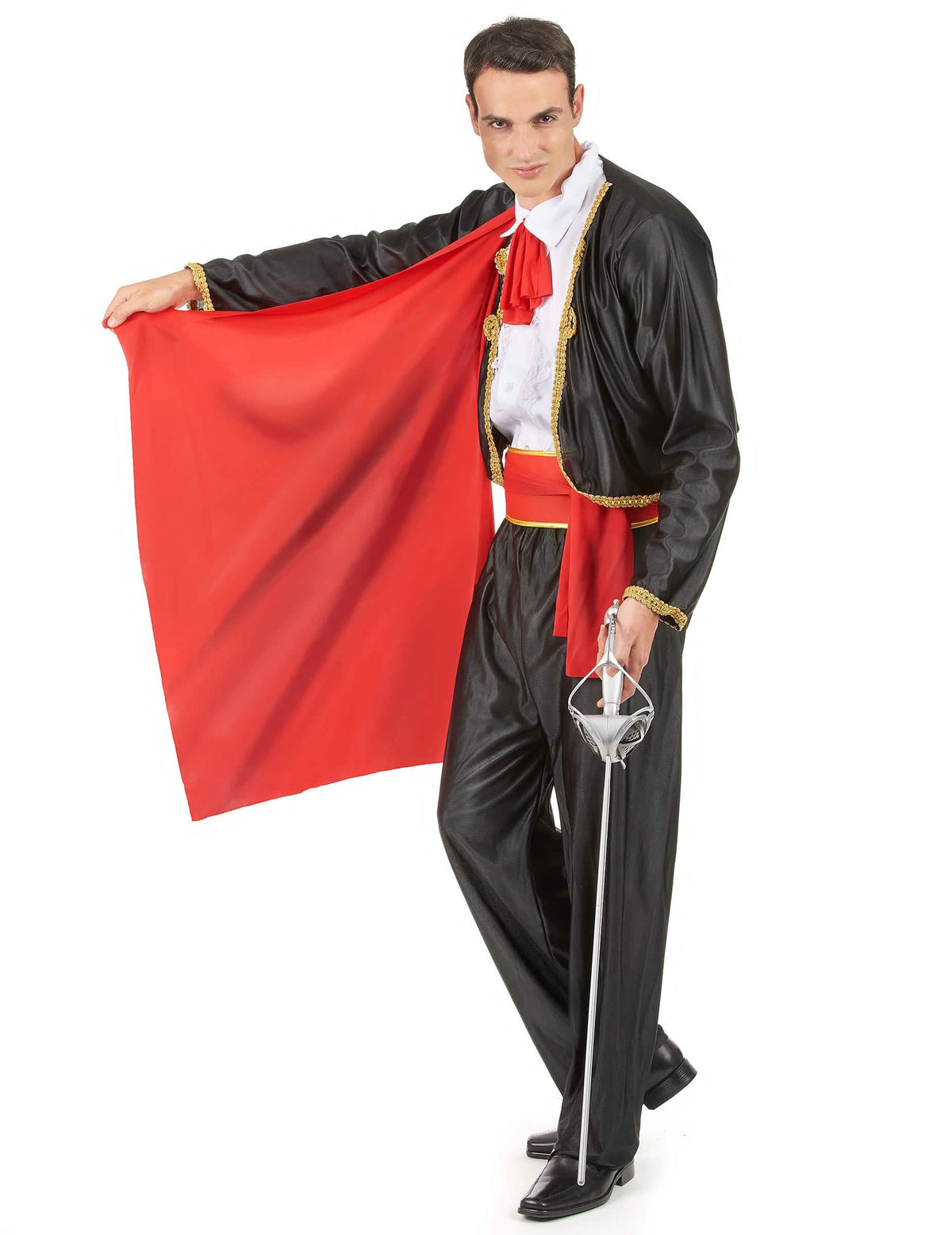 Fato de matador para homem preto e vermelho com dourados e capa