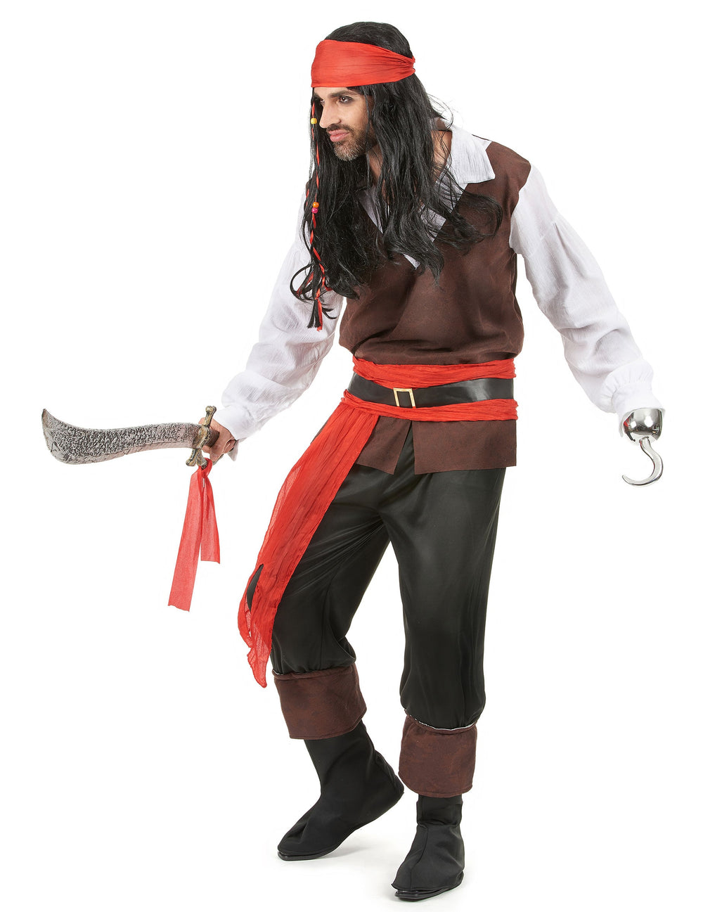 Vue avec sabre et crochet du déguisement de pirate pour homme